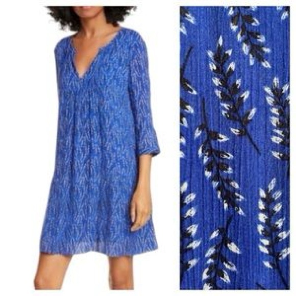 Ba&sh Blue Black Cale Leaf Print Long Sleeve Trapeze Dress size M - Picture 2 of 6